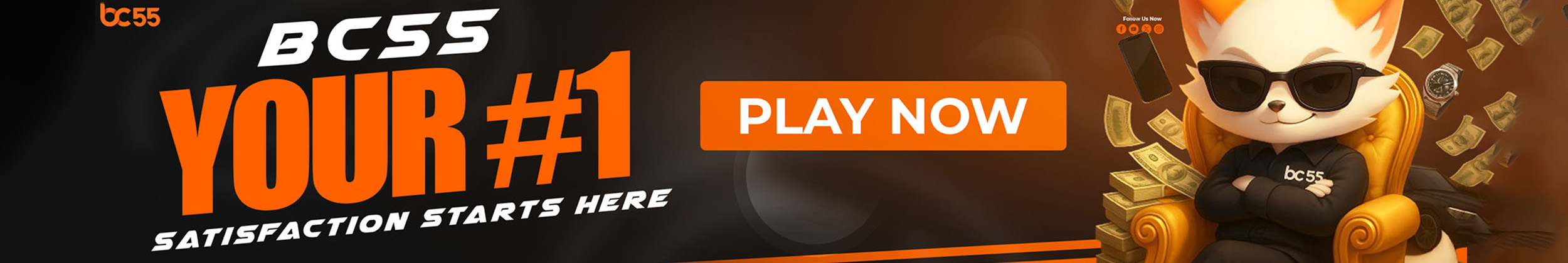 bc55 casino homepage banner with mascot and play now call-to-action